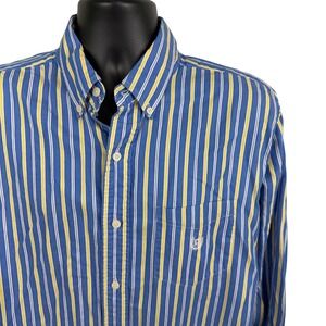Chaps Mens Button Down Shirt Large Blue Yellow Stripe Long Sleeve 100% Cotton